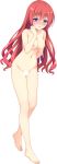  1girl :o absurdres arms_behind_back bangs blank_censor blue_eyes blush censored completely_nude eyebrows_visible_through_hair full_body fuyuichi_monme hand_on_own_cheek highres long_hair navel nipples nose_blush nude official_art open_mouth pussy red_hair ren&#039;ai_karichaimashita solo tenma_hasumi transparent_background 