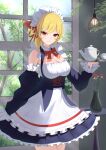  1girl absurdres alternate_costume bare_shoulders blonde_hair blue_dress bow breasts collar commentary cup detached_sleeves dress english_commentary flower frilled_collar frilled_dress frilled_sleeves frills hairband highres holding holding_teapot hololive hololive_indonesia kaela_kovalskia lamp long_sleeves looking_at_viewer maid maid_headdress medium_breasts medium_hair red_bow red_eyes red_hairband shohei_kanda smile solo teacup teapot tree vase window 