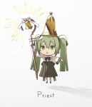  1girl bangs bell black_bow black_footwear black_skirt bow chestnut_mouth chibi collared_shirt commentary full_body green_eyes green_hair grey_background hair_between_eyes hatsune_miku high-waist_skirt highres holding kieed kneehighs long_hair long_sleeves pleated_skirt priest shadow shirt shoes skirt solo staff standing twintails very_long_hair vocaloid white_bow white_legwear white_shirt wide_sleeves 