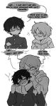  ! 2boys anger_vein arm_around_neck bags_under_eyes blush book buttons commentary crossed_arms english_text fudanshi gakuran glasses greyscale hair_between_eyes highres himedanshi holding holding_book jacket looking_at_another looking_to_the_side looking_up male_focus monochrome multiple_boys opaque_glasses original parted_lips reading rectangular_eyewear school_uniform shirt short_hair simple_background speech_bubble sweatdrop upper_body weeatyuri white_background yaoi yuri_(object) 