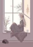  1girl 7_toto16 blonde_hair book book_stack branch brown_theme commentary_request cup facing_away hair_ribbon half_updo highres knees_up loafers long_skirt original ribbon sailor_collar school_uniform shoes sitting skirt vase wavy_hair window window_shadow 