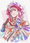  1boy braid commentary cropped_torso earrings fire_emblem fire_emblem:_fortune's_weave green_eyes highres jewelry long_hair looking_at_viewer male_focus purple_hair sirocco_(fire_emblem) smirk solo turban twitter_username watermark yutohiroya 