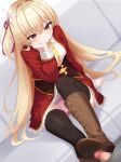  1boy 1girl :3 absurdres amairo_islenauts arm_behind_back black_thighhighs blonde_hair blush boots breasts brown_boots cameltoe censored clenched_hand closed_mouth clothes_lift collared_shirt commentary_request couch dutch_angle erection fan_request fen_cichlid_girls_academy_school_uniform flower foot_out_of_frame footjob_with_boots footjob_with_footwear ghost_villager hair_between_eyes hair_flower hair_intakes hair_ornament hair_ribbon hand_on_own_cheek hand_on_own_face hand_up hetero highres jacket knee_up lace-trimmed_skirt lace-up_boots lace_trim large_breasts long_hair looking_at_penis mosaic_censoring naughty_face necktie on_couch one_side_up open_clothes open_jacket orange_eyes panties penis pink_panties red_jacket red_ribbon ribbon school_uniform shirley_warwick shirt shoe_soles sidelocks sitting skirt skirt_lift smile solo_focus thighhighs thighs underbust underwear upskirt very_long_hair white_flower white_shirt yellow_necktie 