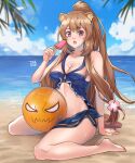  1girl :o animal_ear_fluff animal_ears aqua_bikini arm_support artist_name ball ball_between_thighs balloon_(tate_no_yuusha_no_nariagari) barefoot beach beachball bikini blue_bikini blue_sarong blue_sky blunt_bangs blurry breasts brown_hair character_ball chest_tattoo cleavage cloud cloudy_sky commentary day depth_of_field double-parted_bangs flower food hair_between_eyes hair_flower hair_ornament hand_up highres holding holding_food holding_ice_cream ice_cream long_hair looking_at_viewer medium_breasts mixed-language_commentary ocean official_alternate_costume official_alternate_hairstyle open_mouth opera outdoors palm_tree pink_eyes pink_flower ponytail raccoon_ears raccoon_girl raccoon_tail raphtalia sarong sitting sky slave_brand slave_crest_(tate_no_yuusha_no_nariagari) solo sparkle swimsuit tail tanuki tate_no_yuusha_no_nariagari tattoo torakun14 tree wariza watermark wet 