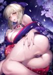  1girl artoria_pendragon_(all) ass blush bow breasts cleavage criss-cross_halter fate/grand_order fate_(series) flower hair_bow halterneck hand_on_own_ass hand_on_own_chest highres hirasawa_seiji japanese_clothes kimono large_breasts looking_at_viewer petals platinum_blonde_hair presenting purple_background purple_bow purple_kimono purple_nails saber_alter smile thighs tongue yellow_eyes 