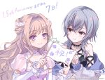  2girls a-q_(madoka_magica) arm_belt armlet artist_request bare_shoulders belt black_belt black_choker black_eyes black_shirt blonde_hair bow chest_belt choker closed_mouth collared_jacket commentary_request copyright_notice countdown_illustration crop_top crossed_bangs detached_sleeves dot_nose double_bun dress eyelashes flag flower frilled_choker frilled_sleeves frills grey_hair hair_between_eyes hair_bun hair_flower hair_intakes hair_ornament happy highres higure_fuka holding holding_flag jacket jacket_partially_removed jewelry lace_shirt light_blush lips long_hair long_sleeves looking_ahead looking_at_another magical_girl mahou_shoujo_madoka_magica mahou_shoujo_madoka_magica_magia_exedra midriff multiple_belts multiple_girls o-ring o-ring_belt o-ring_choker official_art pink_choker pink_dress pink_lips puffy_long_sleeves puffy_short_sleeves puffy_sleeves second-party_source see-through_clothes see-through_sleeves shirt shirt_under_dress short_hair_with_long_locks short_sleeves sidelocks simple_background sleeve_bow sleeves_past_wrists smile spiked_choker spikes studded_armlet studded_choker studs translation_request tsurime two-sided_fabric two-sided_jacket upper_body very_long_hair violet_(flower) wavy_hair white_background white_bow white_flower white_jacket white_shirt white_sleeves yoake_sumire 