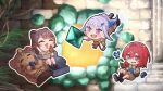  3girls :d ^_^ ange_katrina animal_ears arm_up belt black_belt black_boots blue_butterfly blue_hair blush_stickers boots braid braided_base breast_pocket brown_gloves brown_hair brown_shirt brown_shorts brown_socks bug butterfly chibi chibi_only closed_eyes collared_shirt colored_inner_hair commentary_request dog_ears dog_girl falling fang flower gem gloves goggles goggles_around_neck green_gem grey_hair hair_between_eyes hair_flower hair_intakes hair_ornament hand_up highres inui_toko light_particles lize_helesta long_hair looking_at_object matching_outfits multicolored_hair multiple_girls nijisanji outline plant pocket ponytail ponytail_with_braided_base purple_eyes red_hair sanbaka_(nijisanji) sarcophagus shirt short_sleeves shorts sidelocks sitting smile socks stone_wall streaked_hair stretching two-tone_hair unworn_goggles virtual_youtuber waking_up white_outline wokana_k333 yawning 