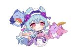  1girl ^_^ apron aqua_hair baku_(creature) bell black_choker blush bow cake cake_slice chibi chibi_only choker closed_eyes closed_mouth commentary_request cropped_legs detached_sleeves eyelashes fish_(food) food frilled_apron frilled_hairband frilled_kimono frilled_sleeves frills genshin_impact hair_between_eyes hairband hand_up holding holding_plate japanese_clothes jingle_bell kimono kurumi_dangoo long_hair multicolored_eyes neck_bell nigirizushi nihongami obi obiage obijime pink_eyes pink_kimono pink_sleeves plate pointy_ears purple_bow purple_eyes purple_hairband purple_ribbon purple_skirt ribbon sash sidelocks simple_background skirt sleeveless sleeveless_kimono smile sushi very_long_hair vision_(genshin_impact) waist_apron white_apron white_background wide_sleeves yumekui-baku_(genshin_impact) yumemizuki_mizuki 