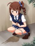  1girl ahoge blue_necktie blue_skirt blue_sweater_vest blush bow bow_panties breasts brown_hair brown_shoes collared_shirt commentary_request commission day diagonal-striped_clothes diagonal-striped_necktie drill_hair drill_ponytail full_body grey_socks idolmaster idolmaster_million_live! idolmaster_million_live!_theater_days lielos loafers medium_hair miniskirt necktie official_alternate_costume open_mouth outdoors panties panty_pull pee pee_puddle peeing pink_eyes pixiv_commission plaid_clothes plaid_skirt pleated_skirt public_urination school_emblem school_uniform shirt shoes short_sleeves side_ponytail skirt small_breasts small_sweatdrop socks solo squatting striped_clothes striped_necktie summer_highschool_(idolmaster) sweater_vest underwear white_panties white_shirt yokoyama_nao 