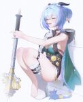  1girl absurdres animal_ears blue_hair braid braided_twintails breasts choker closed_eyes commentary full_body goat_ears goat_girl goat_horns goat_tail hair_between_eyes hand_on_own_chest highres holding holding_staff hood horns iblod key key_choker knee_strap large_breasts leaning_back long_hair lucia_elowen mole mole_on_arm open_mouth pointy_ears single_bare_shoulder single_sleeve single_sock socks solo squatting staff sweat tail untranslatable_commentary white_socks zenless_zone_zero 