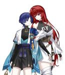  1boy 1girl anemo_symbol_(genshin_impact) animal_print arm_at_side arm_cutout armor arms_at_sides bandage_on_thigh bare_shoulders belt bird_print black_belt black_bodysuit black_bow black_bridal_gauntlets black_gloves black_shorts blue_cape blue_gem blue_kimono blue_sleeves blunt_bangs blunt_ends bodysuit bow breasts bridal_gauntlets brown_corset cape cleavage_cutout clenched_hand closed_mouth clothing_cutout commission corset couple covered_collarbone cross-laced_clothes cross-laced_corset dress eyelashes eyeliner feathers fingerless_gloves fingernails frilled_dress frilled_sleeves frills furisode gem genshin_impact glove_cutout gloves gold gold_trim hair_intakes hakama hakama_shorts hand_up height_difference hetero highres japanese_armor japanese_clothes juban kimono kote kurokote large_breasts layered_sleeves legwear_garter locked_arms long_hair long_sleeves looking_at_another makeup mandarin_collar medium_dress oc_x_canon open_clothes open_hand open_kimono original pleated_shorts pom_pom_(clothes) purple_eyes purple_hair purple_rope purple_sash red_eyeliner red_eyes red_hair rio_(rio773) rope sash scaramouche_(genshin_impact) second-party_source shirt short_sleeves shorts shoulder_peek side_cape side_slit skindentation smile tassel thick_thighs thighs triangle_cutout tsurime turtleneck turtleneck_shirt undershirt vision_(genshin_impact) wanderer_(genshin_impact) white_dress white_kimono white_sleeves white_trim wolf_cut yellow_feathers 