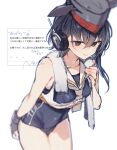  1girl absurdres black_gloves black_hair blue_one-piece_swimsuit breast_cutouts brown_eyes closed_mouth commentary_request cowboy_shot fingerless_gloves gloves headgear headphones highres i-13_(kancolle) kantai_collection neckerchief negiwork500 one-piece_swimsuit sailor_collar school_swimsuit school_uniform serafuku short_hair simple_background smile solo swimsuit translation_request white_background white_sailor_collar white_serafuku 