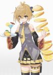  1girl absurdres akita_neru antenna_hair bare_shoulders black_shorts black_skirt black_sleeves black_thighhighs blonde_hair blush closed_mouth cocktail_glass cocktail_umbrella collared_shirt commentary cowboy_shot crossed_bangs cup detached_sleeves dotted_background drinking_glass food food-themed_hair fruit grey_shirt h_haibu hair_between_eyes highres holding holding_food holding_fruit holding_tray lemon lemon_slice long_sleeves looking_at_viewer miniskirt necktie pleated_skirt pouch shirt shorts shorts_under_skirt shoulder_tattoo side_ponytail simple_background skirt sleeveless sleeveless_shirt solo standing tattoo thigh_pouch thigh_strap thighhighs tray vocaloid white_background wide_sleeves yellow_eyes yellow_necktie yellow_trim zettai_ryouiki 