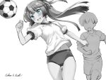  1boy 1girl artist_name ass_visible_through_thighs ball buruma commentary_request cowboy_shot eckert&amp;eich faceless faceless_male gym_shirt gym_uniform highres kantai_collection kazagumo_(kancolle) long_hair open_mouth ponytail round_teeth shirt smile soccer_ball t-shirt teeth thigh_gap upper_teeth_only 