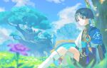  1boy against_tree aqua_hair aqua_pupils armor arms_at_sides belt bird black_belt black_bodysuit black_bow black_hair black_shorts blue_hat blue_jingasa blue_kimono blue_sky blue_sleeves blunt_ends blurry bodysuit bow bridal_gauntlets building closed_mouth clothing_cutout cloud cloudy_sky colored_inner_hair commentary depth_of_field dragon durin_(genshin_impact) eyeliner finch genshin_impact gold grass grey_bridal_gauntlets hakama hakama_shorts hat highres hip_vent japanese_armor japanese_clothes jingasa juban kimono kote kurokote layered_sleeves leg_warmers looking_at_viewer makeup male_focus mandarin_collar mini_durin_(genshin_impact) mountainous_horizon multicolored_hair oden067 open_clothes open_kimono outdoors pleated_shorts purple_eyes purple_rope purple_sash red_eyeliner rope sash scaramouche_(genshin_impact) short_sleeves shorts sitting sky small_dragon split_mouth sumeru_city sumeru_rose_(genshin_impact) tassel tree tsurime wanderer_(genshin_impact) white_kimono white_leg_warmers white_sleeves wispy_bangs wolf_cut 