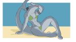  absurd_res anthro beach bikini bra breasts clothed clothing f_draws female fin fish gills grey_body grey_skin half-closed_eyes head_fin hi_res long_tail marine muscular muscular_anthro muscular_female narrowed_eyes non-mammal_breasts open_mouth sand seaside selene_(f_draws) shark sharp_teeth sitting skimpy solo swimwear tail_fin tattoo teeth thick_tail underwear 