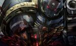  1boy adeptus_astartes armor blood blood_on_armor blood_splatter bolter commentary_request gun highres holding holding_bolter jazz_jack power_armor red_eyes skull solo straight-on ultramarines upper_body warhammer_40k weapon winged_skull 