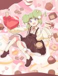  1girl :d absurdres bag bird blue_eyes box brown_bag brown_dress brown_shoes candy center_frills checkerboard_cookie chocolate collared_shirt commentary cookie cup donut_hair_bun double_bun dress ear_tufts food frills full_body green_hair hair_bun hair_ornament hairclip heart heart-shaped_box heart-shaped_chocolate heart-shaped_food highres horns jazz_grace lidelle_(puyopuyo) loafers long_sleeves neck_ribbon parallel_hairclips pinafore_dress pointy_ears pom_pom_(clothes) pom_pom_hair_ornament puyopuyo red_ribbon ribbon shirt shoes short_hair shoulder_bag sidelocks sleeveless sleeveless_dress sleeves_past_fingers sleeves_past_wrists smile socks solo sparkle spoon sugar_cube teacup teapot teeth upper_teeth_only valentine white_shirt white_socks wooden_spoon yellow_horns 