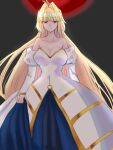  1girl archetype_earth arcueid_brunestud bare_shoulders black_background blonde_hair blue_dress breasts cleavage collarbone colored_eyelashes commentary_request detached_sleeves dress full_moon gold_trim hair_between_eyes holding_own_dress kohakutooo large_breasts light_smile long_dress long_hair looking_at_viewer moon puffy_detached_sleeves puffy_sleeves red_eyes red_moon sidelocks single_hair_intake sketch solo standing tsukihime two-tone_dress white_dress white_sleeves 