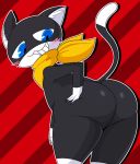  anthro atlus bandanna big_butt black_body blue_eyes butt chibi domestic_cat felid feline felis hand_on_butt kenight_(artist) kerchief looking_back male mammal megami_tensei megami_tensei_persona morgana_(persona) raised_tail red_background scarf seductive simple_background smile smug solo video_games 