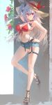  1girl absurdres armpits bikini bikini_bottom_under_shorts bikini_under_clothes black_bikini breasts brown_hat cleavage closed_mouth commentary_request crown_hair_ornament denim denim_shorts double-parted_bangs front-tie_bikini_top front-tie_top full_body grey_hair hair_between_eyes hair_ornament hairclip hat high_heel_sandals high_heels highleg highleg_bikini highres hololive hololive_dev_is isaki_riona isaki_riona_(holonatsu_paradise) large_breasts long_hair looking_at_viewer maro2ki3 navel o-ring o-ring_thigh_strap official_alternate_costume one_side_up open_fly platform_heels red_bikini sandals short_shorts shorts sidelocks smile standing stomach straw_hat swimsuit thigh_strap very_long_hair virtual_youtuber 