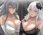  2girls archstreal azur_lane babydoll black_bra bra breasts cleavage collarbone elbow_gloves flower gloves graf_zeppelin_(azur_lane) grey_hair hair_flower hair_ornament highres large_breasts looking_back mole mole_under_eye multiple_girls pinstripe_pattern red_eyes saint-louis_(azur_lane) silver_hair striped underwear underwear_only upper_body 