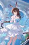  1girl absurdres ambience_synesthesia amiya_(ambience_synesthesia_2025)_(arknights) amiya_(arknights) animal_ears arch arknights bare_shoulders beads blue_choker blue_dress blue_eyes blue_flower blue_sky braid braided_ponytail brown_hair chenmu_sora chinese_commentary choker commentary_request cowboy_shot crown dress dress_flower elbow_gloves feet_out_of_frame flower gloves grass hair_between_eyes hand_on_own_face highres holding holding_staff infection_monitor_(arknights) jewelry layered_dress long_hair long_sidelocks looking_at_viewer multiple_rings official_alternate_costume outdoors rabbit_ears rabbit_girl ring ring_on_every_finger sidelocks sky sleeveless sleeveless_dress smile solo staff two-tone_dress very_long_hair white_dress white_gloves 