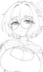  1girl absurdres blue_archive breasts character_name choker cleavage ferio_(speedtribe) glasses greyscale halo headphones highres hooded_shrug kotone_(blue_archive) large_breasts looking_at_viewer mole mole_under_eye monochrome round_eyewear short_hair shrug_(clothing) simple_background sketch solo upper_body white_background 