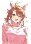  07nono06 1girl absurdres ahoge animal_ears blush breasts brown_eyes brown_hair collarbone commentary_request dantsu_flame_(umamusume) ear_covers hair_between_eyes hairband highres horse_ears horse_girl long_sleeves looking_at_viewer medium_breasts multicolored_hair open_mouth pink_hairband pink_shirt shirt simple_background smile solo umamusume upper_body white_hair 