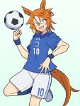  1girl :d animal_ears ball blue_background blue_shirt blue_socks brown_eyes commentary dicta_striker_(umamusume) ear_piercing grey_shoes hand_up highres ho_1000_ka horse_ears horse_girl horse_tail multicolored_hair orange_hair piercing ponytail shirt shoes short_sleeves shorts smile soccer_ball soccer_uniform socks solo sportswear standing standing_on_one_leg streaked_hair tail umamusume umamusume:_cinderella_gray untranslatable_commentary white_hair white_shorts 