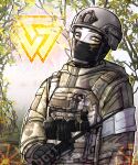  1boy armband balaclava body_armor camouflage camouflage_jacket collared_jacket helmet highres holding_radio jacket kolovrat_(symbol) looking_at_viewer original outdoors rusich_regiment rusizel russian_commentary russian_ground_forces russo-ukrainian_war soldier upper_body valknut_(symbol) white_armband yellow_eyes 