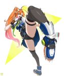  1girl :d absurdres antenna_hair attacking_viewer belt black_panties blue_shoes blue_skirt blue_vest breasts collared_shirt commentary cropped_vest english_commentary fingerless_gloves full_body gloves goggles goggles_on_head gradient_hair green_eyes green_necktie hakimen high_tops highres hololive hyakuto_kyoko kicking_viewer large_breasts long_hair looking_at_viewer miniskirt mole mole_under_eye multicolored_hair necktie open_mouth orange_gloves orange_hair panties pink_hair police police_uniform policewoman ponytail shirt shoes short_sleeves simple_background skirt smile sneakers solo standing standing_on_one_leg thighhighs torn_clothes torn_thighhighs underwear utility_belt very_long_hair vest virtual_youtuber white_background white_shirt 