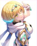  1girl blonde_hair blush breasts butt_crack chest_jewel cleavage closed_mouth commentary_request core_crystal_(xenoblade) cropped_hoodie dot_nose fingerless_gloves from_above from_behind from_side gloves hair_between_eyes highres hood hood_down hoodie ison_(zonerix) large_breasts looking_at_viewer looking_back looking_up low_neckline open_clothes open_hoodie shimmer_(xenoblade) short_hair short_sleeves simple_background smile solo tiara turtleneck upper_body white_background white_gloves xenoblade_chronicles_(series) xenoblade_chronicles_3 yellow_eyes 