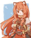  1girl alternate_eye_color animal_ear_fluff animal_ears armor belt black_dress blue_background border breastplate breasts brown_armor brown_belt brown_eyes brown_hair closed_mouth commentary_request dress gauntlets hair_tubes hand_on_hilt hand_on_sheath layered_dress leather_armor long_hair long_sleeves medium_breasts metal_hair_tubes neck_ribbon outside_border pinstripe_dress pinstripe_pattern raccoon_ears raccoon_girl raccoon_tail raphtalia red_dress red_ribbon ribbon shunrai sleeveless sleeveless_dress smile solo split_mouth tail tanuki tate_no_yuusha_no_nariagari two-tone_dress upper_body white_border white_dress 