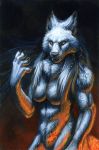  2018 anthro breasts canid canine canis convenient_censorship female hibbary looking_at_viewer mammal solo were werecanid werecanine werewolf wolf yellow_eyes 