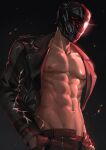  1boy abs absurdres artist_name bare_pectorals biker_clothes black_jacket collarbone commentary debbie_(debbielu9972) english_commentary fingerless_gloves gloves helmet highres jacket lapels leather leather_gloves leather_jacket love_and_deepspace male_focus male_underwear motorcycle_helmet navel nipples notched_lapels open_clothes open_jacket pectorals print_jacket red_male_underwear sidelighting solo sylus_(love_and_deepspace) toned toned_male underwear upper_body veins white_hair 
