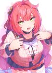  1girl black_sailor_collar bow bowtie braid braided_twintails cardigan commentary_request green_eyes hair_ornament highres long_hair looking_at_viewer okazu-umauma open_mouth red_cardigan red_hair sailor_collar smile solo sphere_hair_ornament ukinami_yuzuha white_bow white_bowtie zenless_zone_zero 