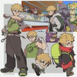  6+boys animal_ears artist_name backpack bag bandaged_hand bandages bandaid bandaid_on_face bandaid_on_nose bara bathym_(housamo) black_pants black_shirt blue_jacket blue_sky blush chibi chibi_inset clenched_teeth closed_eyes closed_mouth commentary cyp1a2 facing_another fang furry furry_male green_shirt highres holding holding_unworn_clothes holding_unworn_jacket hood hood_down hood_up hooded_jacket horkeu_kamui jacket looking_at_another looking_at_food looking_at_viewer macan_(housamo) male_focus multiple_boys multiple_views nomad_(housamo) ooki_ikutoshi open_clothes open_jacket open_mouth pants red_jacket shirt skin_fang sky sparkle sweatdrop tail teeth tiger_boy tiger_ears tiger_stripes tokyo_afterschool_summoners untranslatable_commentary unworn_jacket visor_cap whiskers white_jacket wolf_boy wolf_ears wolf_tail yakisoba 