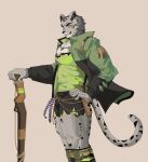  1boy animal_ears bara black_shorts claws english_commentary from_side furry furry_male green_jacket green_shirt grey_background grin gun hand_on_own_hip highres holding holding_gun holding_weapon jacket looking_at_viewer male_focus moryu_(xxl) muscular muscular_male nox7091 pectorals planted_gun shirt shorts smile snow_leopard_boy snow_leopard_ears snow_leopard_tail tail weapon xxl_woofia 
