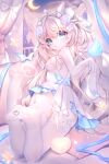  1girl 39s absurdres animal_ears blonde_hair blue_eyes blush bug butterfly cat_ears chinese_commentary commentary_request dress elbow_gloves feet foot_focus foreshortening frilled_dress frills full_body garter_straps gloves highres holding holding_unworn_clothes holding_unworn_shoes indie_virtual_youtuber jewelry lace-trimmed_thighhighs lace_trim leg_up long_hair looking_at_viewer looking_back lying moon navel night no_shoes on_stomach presenting_foot ring shoes sky soles solo the_pose thighhighs tiara toes unworn_shoes variant_set very_long_hair white_dress white_garter_straps white_gloves white_thighhighs yizhi_bozhiluo 