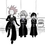  1girl 2boys axel_(kingdom_hearts) black_coat_(kingdom_hearts) black_hair blonde_hair brain_freeze cooler food food_in_mouth highres holding holding_food holding_popsicle kingdom_hearts kingdom_hearts_358/2_days multiple_boys popsicle popsicle_in_mouth protected_link red_hair roxas simple_background sitting spiked_hair syoga_2ndf whistle white_background xion_(kingdom_hearts) 