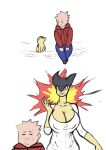  big_breasts bodily_fluids breasts cleavage clothed clothing cyndaquil female franschesco_(artist) hi_res huge_breasts human larger_female male mammal nintendo pok&eacute;mon pok&eacute;mon_(species) simple_background size_difference smaller_male sweat typhlosion video_games white_background 