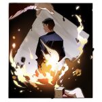  1boy aaa_(tungulamian) absurdres adachi_tohru black_hair black_jacket border burning burning_paper closed_mouth commentary_request fingernails fire highres holding holding_lighter holding_paper jacket lighter lightning long_sleeves looking_back male_focus paper persona persona_4 persona_4_the_golden short_hair spoilers white_border 