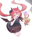  1girl absurdres bare_legs bird black_horns black_shirt black_wings blue_archive chinese_commentary closed_eyes commentary food french_fries full_body highres holding holding_food holding_ice_cream horns ice_cream jinrou_mangfu jumping junko_(blue_archive) long_hair open_mouth pleated_skirt red_hair red_skirt shirt simple_background skirt solo tongue tongue_out twintails white_background wings 
