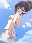  1girl adjusting_clothes adjusting_swimsuit arm_behind_back ass back bikini black_hair black_horns blue_archive blush breasts chiaki_(blue_archive) chiaki_(swimsuit)_(blue_archive) cloud cowboy_shot curved_horns day demon_girl demon_horns from_behind hair_bun hair_ornament hair_scrunchie halo halterneck highres horns kanikama_acedia looking_at_viewer median_furrow medium_breasts multicolored_horns official_alternate_costume open_mouth outdoors pointy_ears red_eyes red_halo red_horns scrunchie shoulder_blades side-tie_bikini_bottom single_hair_bun sky solo swimsuit thighs two-tone_horns water wet white_bikini 