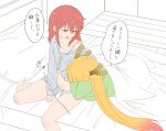  2girls blonde_hair camisole commentary dragon_horns green_shirt grey_shirt hand_on_another's_head hickey highres horns hug indoors kobayashi-san_chi_no_maidragon kobayashi_(maidragon) long_hair morning multiple_girls on_bed pillow red_eyes red_hair shirt speech_bubble tohru_(maidragon) translation_request under_covers untranslatable_commentary waking_up white_camisole wso_soso yuri 
