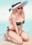  1girl arms_between_legs artist_name beach bikini black_bikini black_bow black_ribbon blonde_hair blue_eyes blue_sky bow breasts brown-tinted_eyewear cleavage collarbone commentary_request day earrings full_body full_cleavage hair_between_eyes hat hat_bow hat_ribbon high_heel_sandals high_heels highres jewelry kneeling large_breasts lipgloss long_hair looking_at_viewer macross macross_frontier navel ocean outdoors pink_lips ribbon ryu_(masu_nantoka-san) sand sandals sheryl_nome shore side-tie_bikini_bottom signature sky smile solo stomach strapless strapless_bikini sun_hat sunglasses swimsuit teardrop_earrings tinted_eyewear water_drop waves wavy_hair wet white_hat wristband 