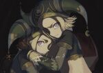  .hack// .hack//g.u. 1boy 1girl absurdres backpack bag black_background blonde_hair blue_hat blue_shirt brown_gloves chromatic_aberration closed_mouth crescent crescent_hat_ornament cropped_shirt english_text forhmb111 gloves gold_trim green_hat hand_on_another's_head hat hat_ornament highres jester_cap juliet_sleeves long_sleeves looking_at_viewer matching_outfits midriff parted_lips partially_shaded_face protecting puffy_sleeves purple_eyes randoseru sakubo_(.hack//) scared shirt short_hair siblings simple_background sleeve_cuffs sun_hat_ornament tearing_up twins 