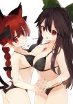  2girls absurdres animal_ears ass asymmetrical_docking bare_arms bare_shoulders between_breasts bikini black_bikini black_bow bow braid breast_press breasts brown_hair cat_ears cat_tail cleavage closed_mouth clothing_cutout green_bow hair_between_eyes hair_bow heart highres holding_hands interlocked_fingers kaenbyou_rin large_breasts looking_at_viewer medium_breasts multiple_girls niseneko_(mofumofu_ga_ienai) pointy_ears red_eyes red_hair reiuji_utsuho simple_background smile standing swimsuit tail tail_cutout touhou twitter_username white_background 
