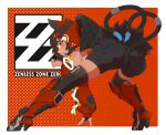  1girl absurdres bare_shoulders black_hair border cat_girl commentary_request copyright_logo copyright_name dark-skinned_female dark_skin from_behind full_body hair_ornament highres logo long_hair looking_at_viewer multiple_tails nekomata nekomiya_mana orange_eyes outside_border red_background tail white_border zenless_zone_zero zi_yang_xing_hu_luo_bei 
